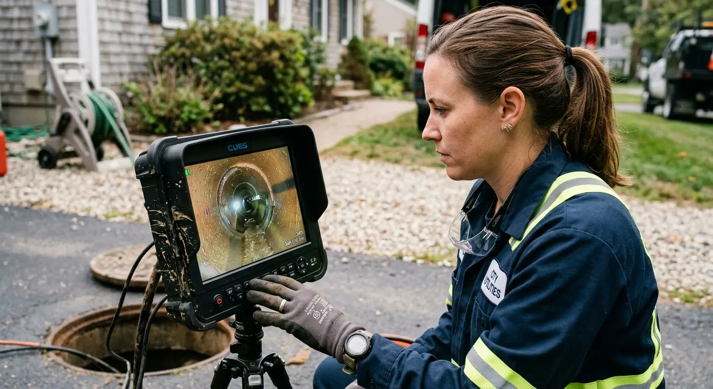 Technician reviewing sewer camera inspection footage in Aventura