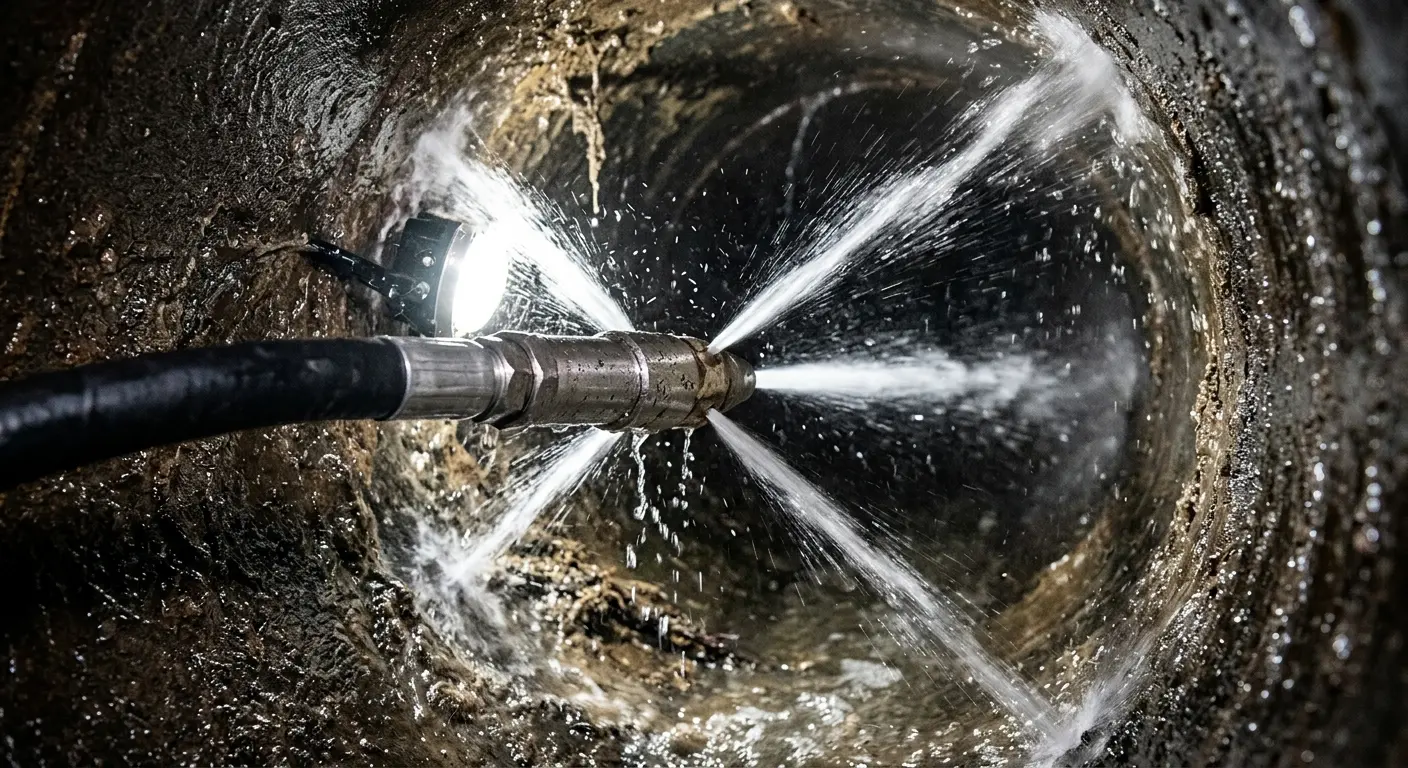 High-pressure hydro jetting nozzle cleaning sewer pipe for Storm Drain Cleaning in Aventura